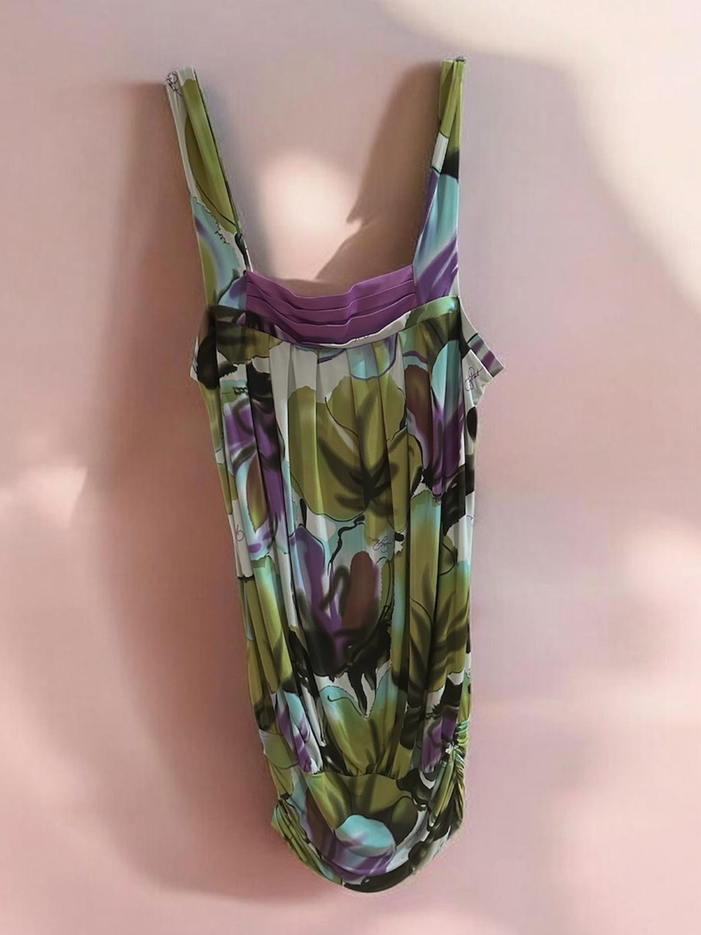 Baby Phat Olive Green & Purple Floral Pleated Neck Mini Dress